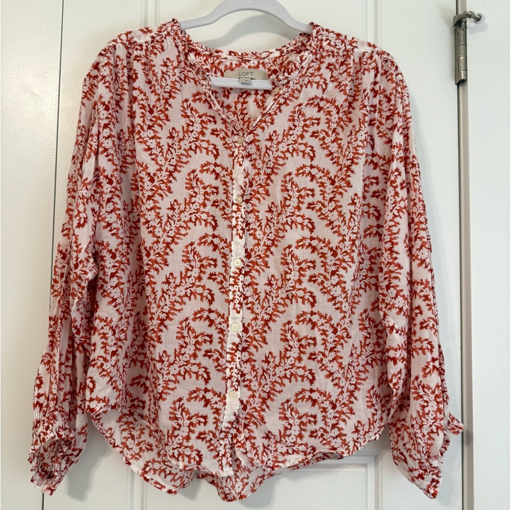 LOFT Orange Floral Button Front Blouse Size M